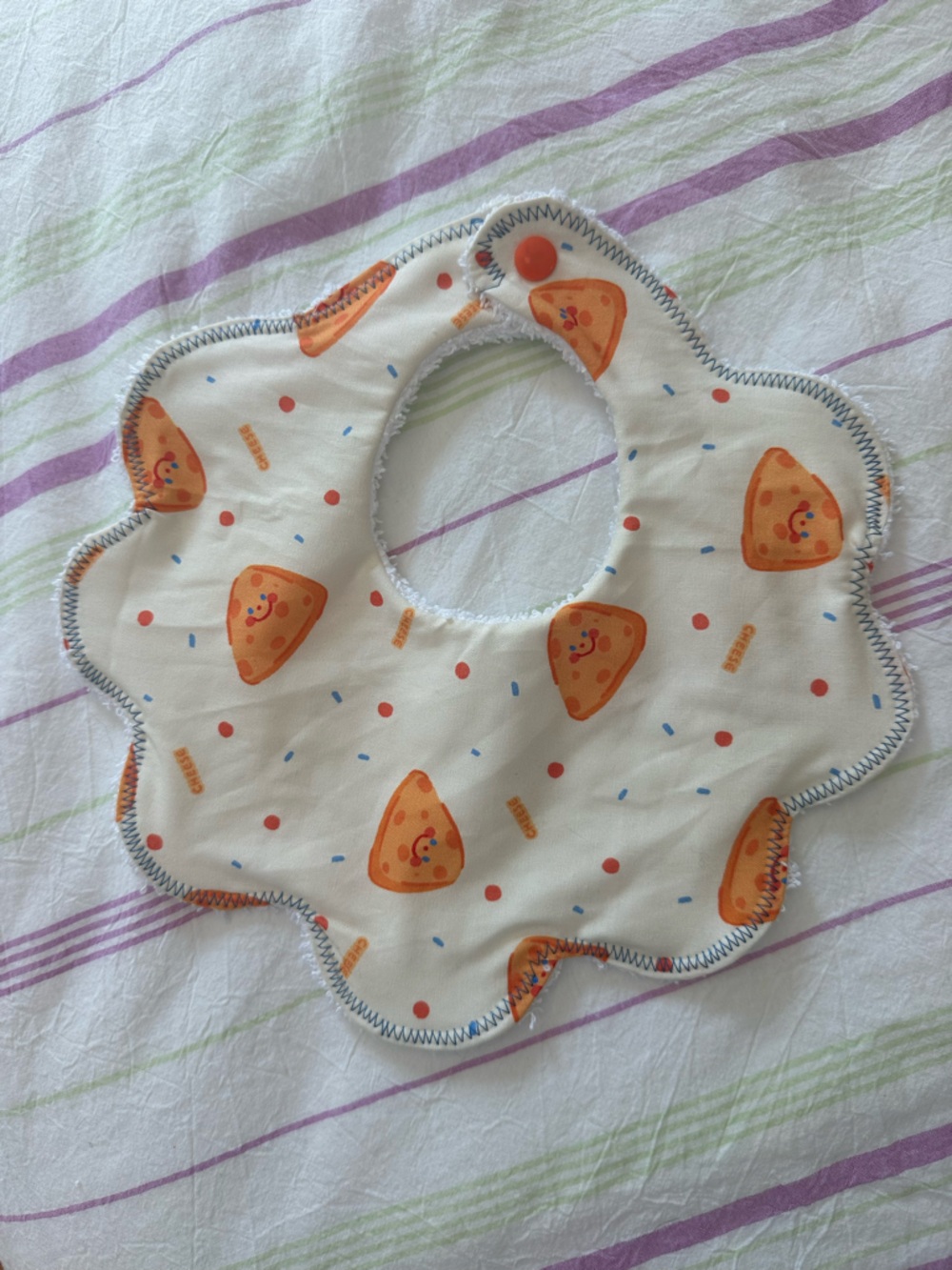 Baby Cream Bib with Orange Pizza Print - Handmade